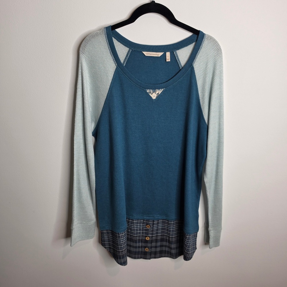 Soft Surroundings Plaid Hem Top Womens Large Mixed Media
